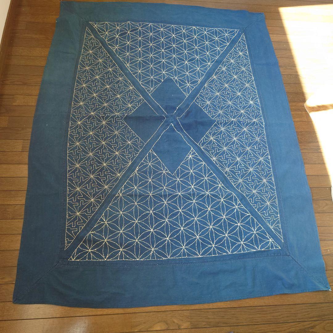 刺し子　刺繍　ブルー　長方形　テーブルクロス　布　インテリア　レトロ