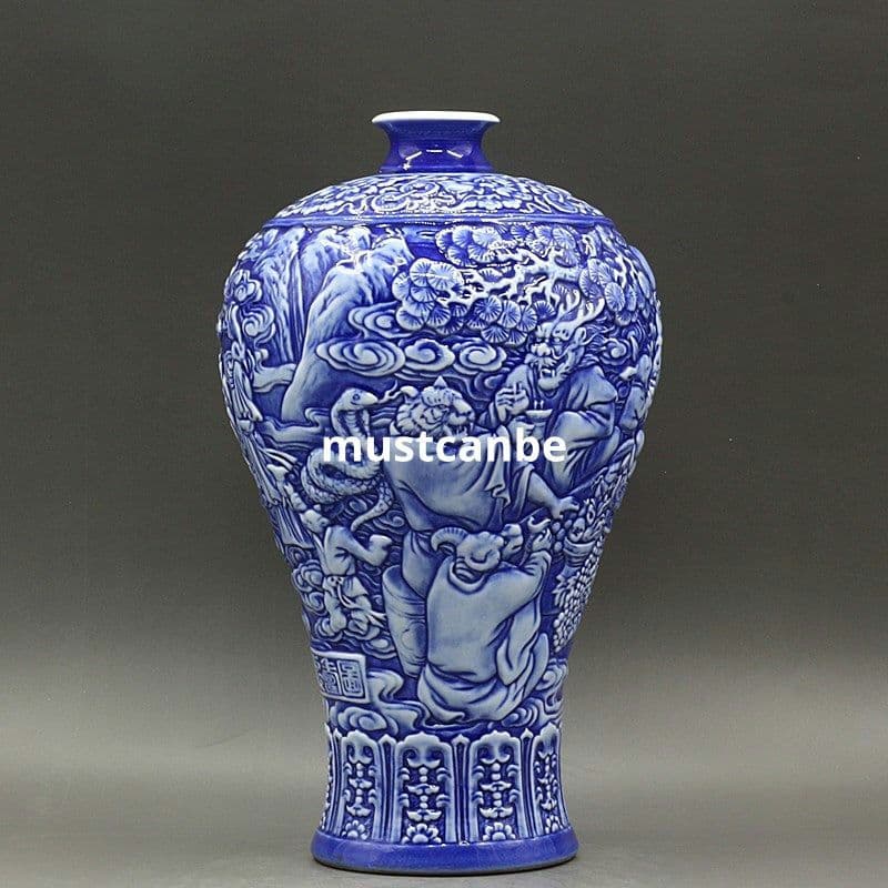 清乾隆藍地に彫られた十二支人物紋梅瓶 景徳鎮 装飾品 現代工芸品美術品 置物