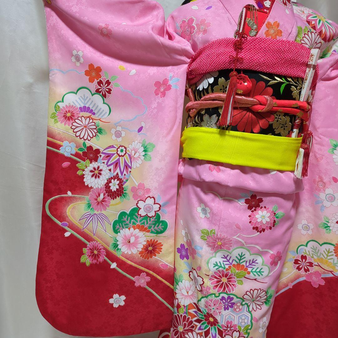 七五三　７歳用　ピンク着物コーディネート一式　簪セット付き　美品