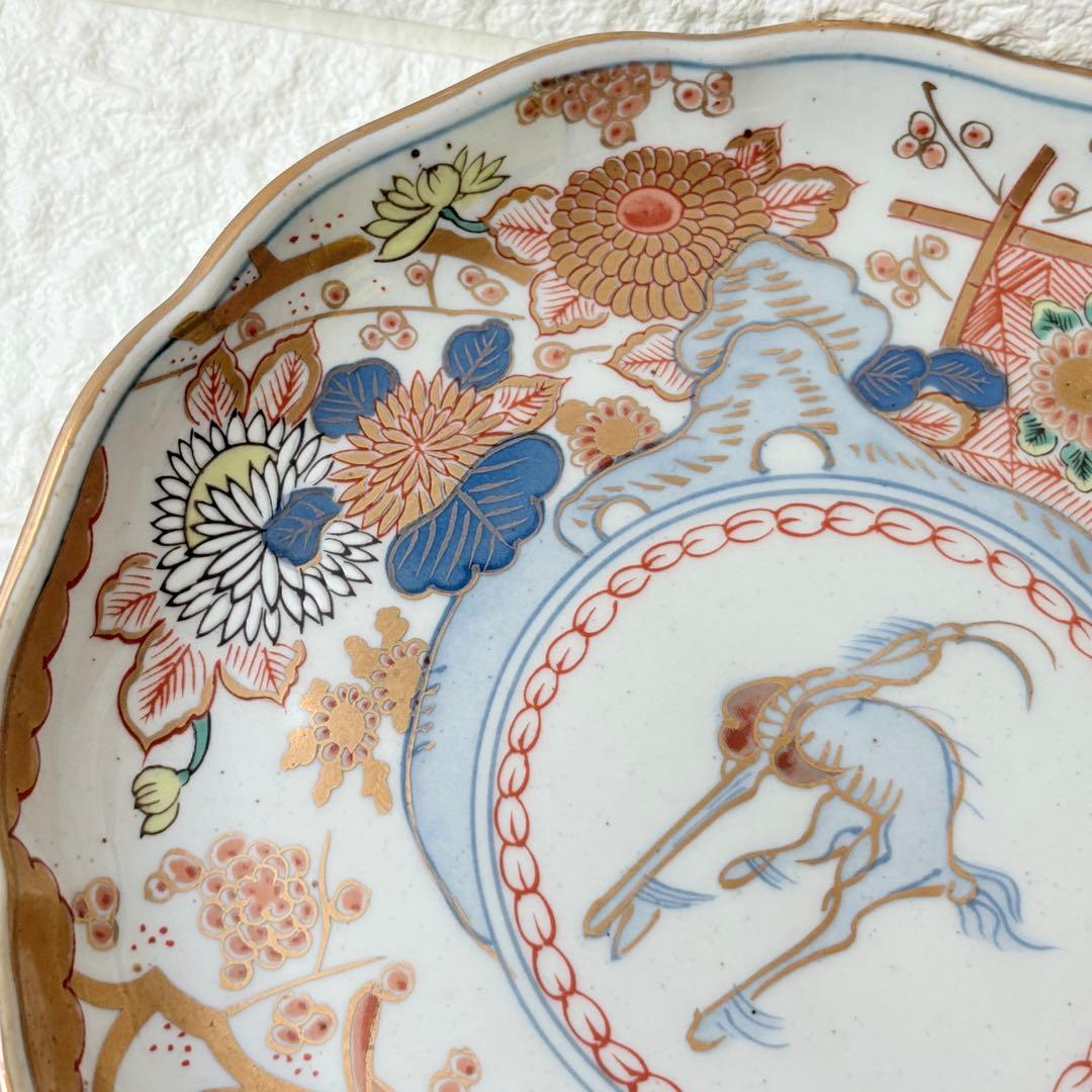 古伊万里　麒麟　キリン　年木谷窯　蒼峰作　鳥菊梅麒麟　盛り付け皿　4枚　金縁