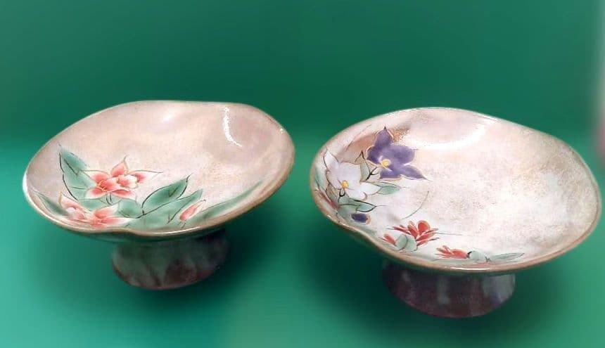 希少✨【土淵陶あん】清水焼　京焼　足付き　台付き　皿　色絵付け　2個