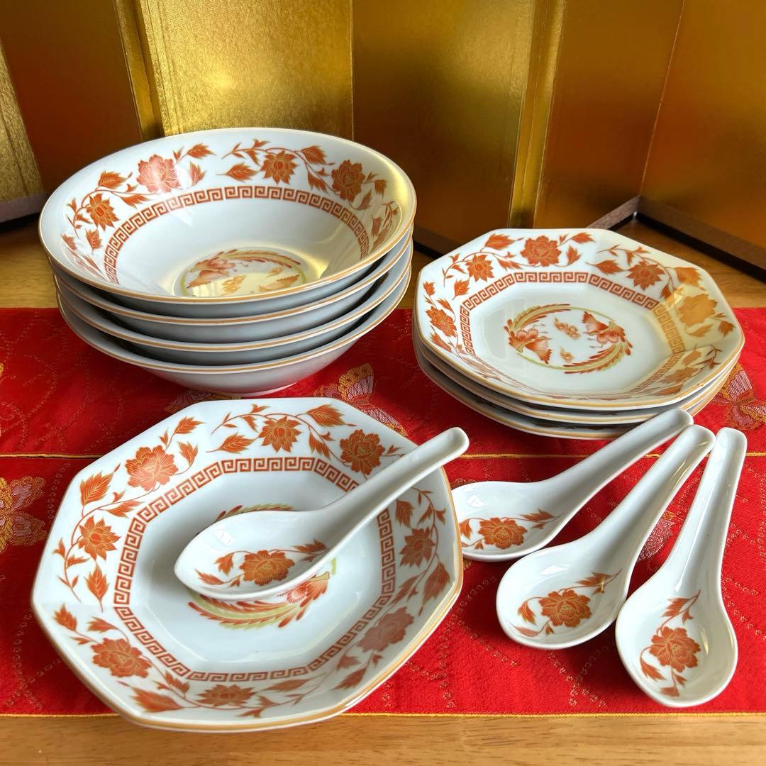 【未使用品】ナルミ　鳴海　中華皿セット　鳳凰　レンゲ付ラーメン鉢・八角皿4客