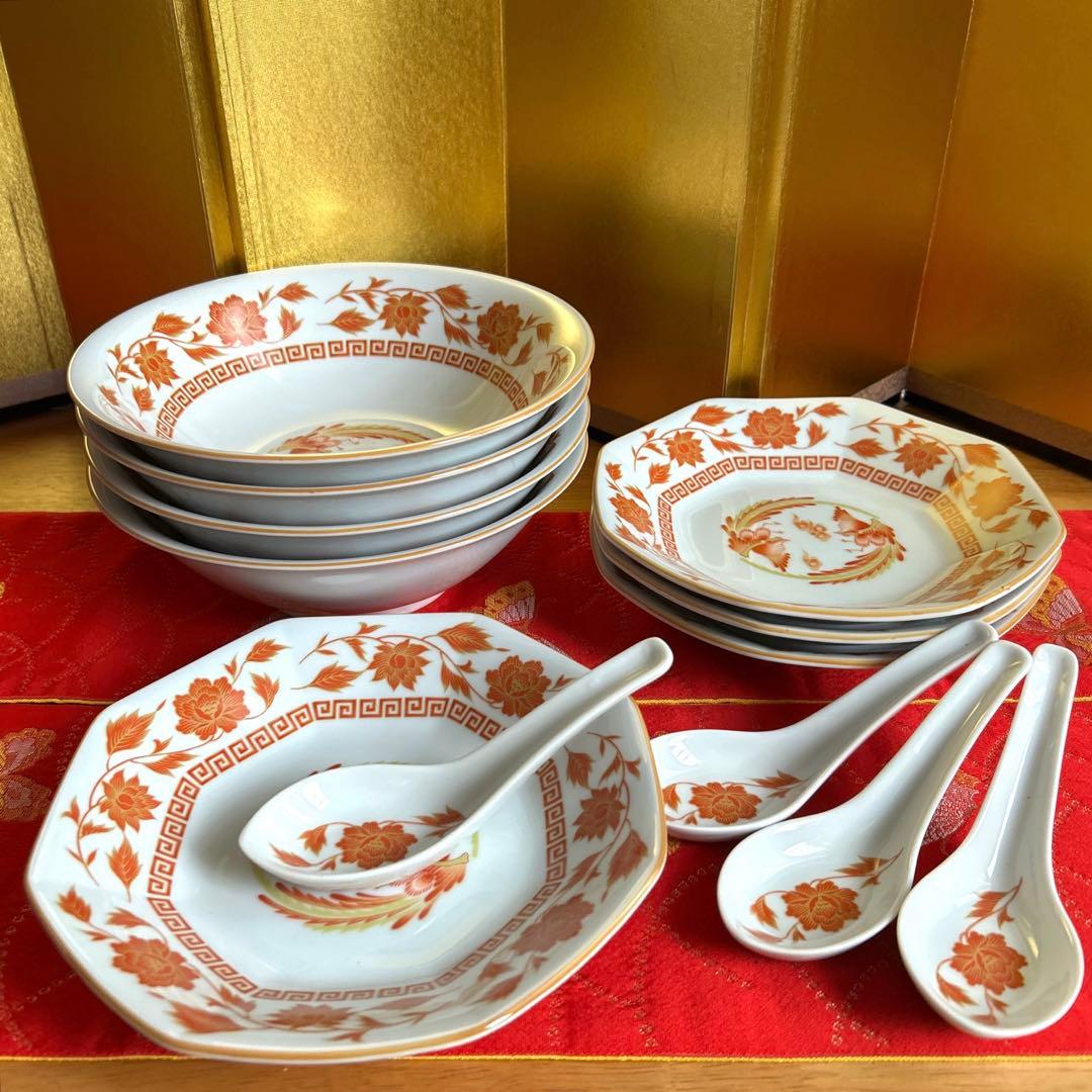 【未使用品】ナルミ　鳴海　中華皿セット　鳳凰　レンゲ付ラーメン鉢・八角皿4客