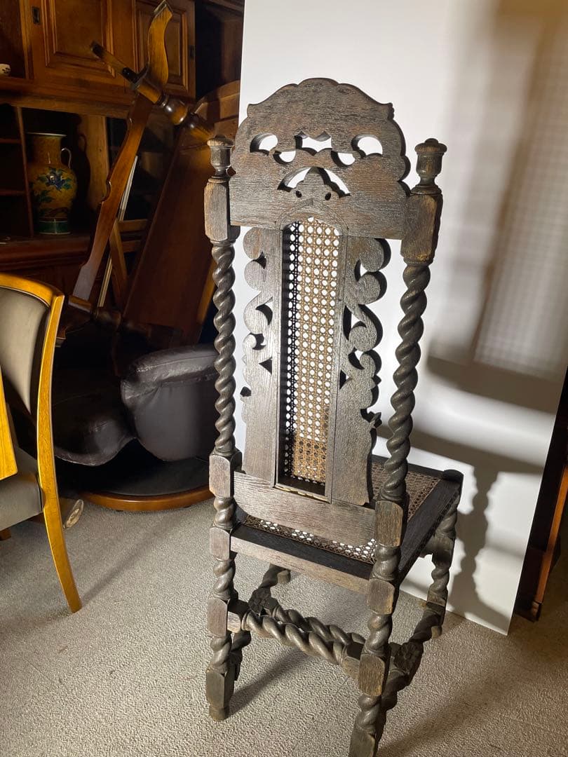 アンティーク ハイバックチェア 聖母子 天使 籐張り ヨーロッパ家具