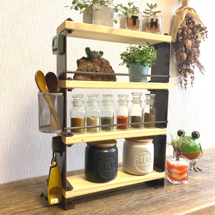 台所周りもスッキリ収納♪キッチン収納棚♪4段 ナチュラルカラー スパイスラック