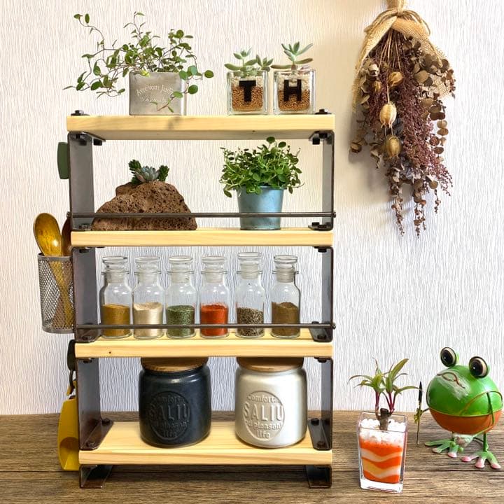 台所周りもスッキリ収納♪キッチン収納棚♪4段 ナチュラルカラー スパイスラック