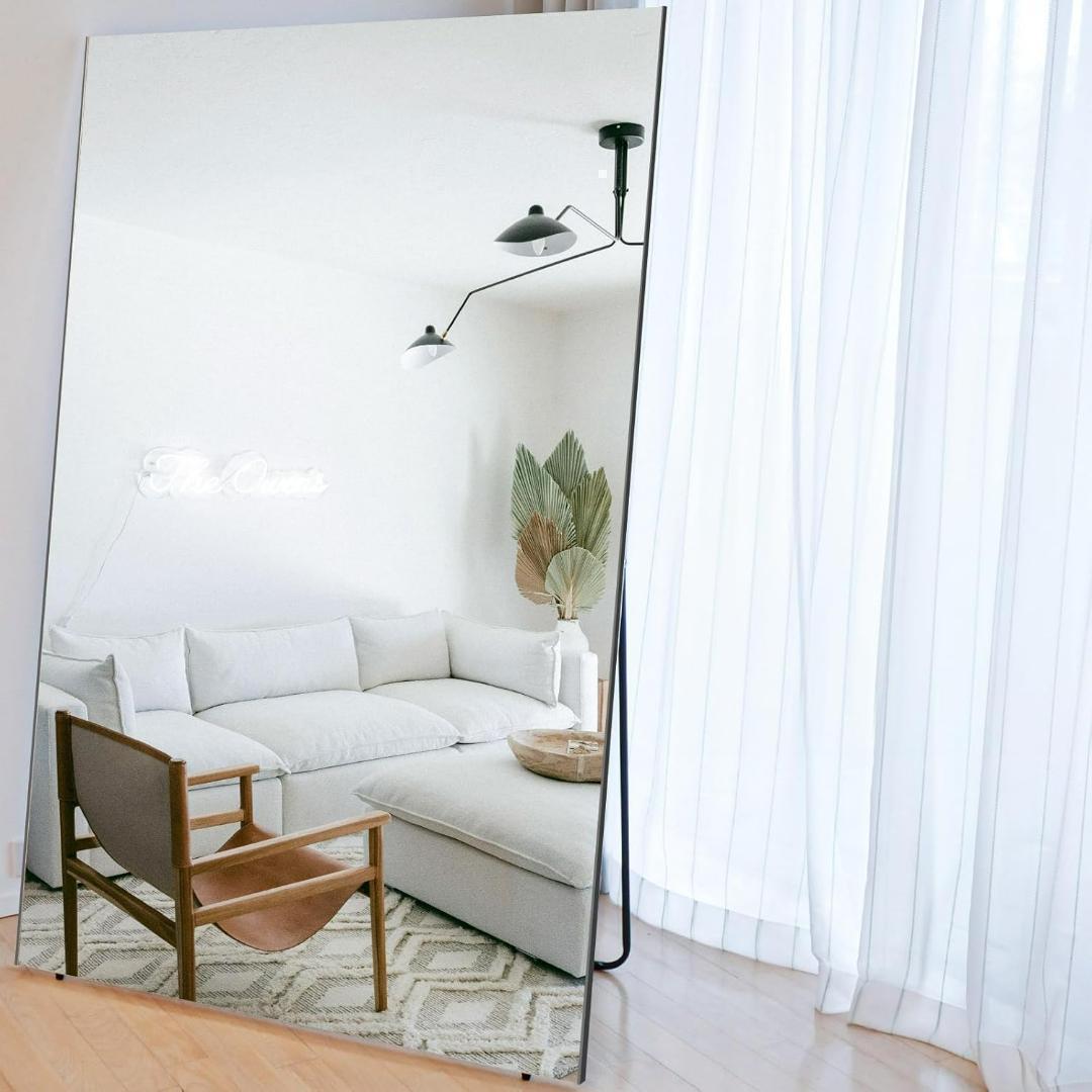 【中古】スタンドミラー 壁掛け 割れない鏡 幅100x160cm 白色 22番