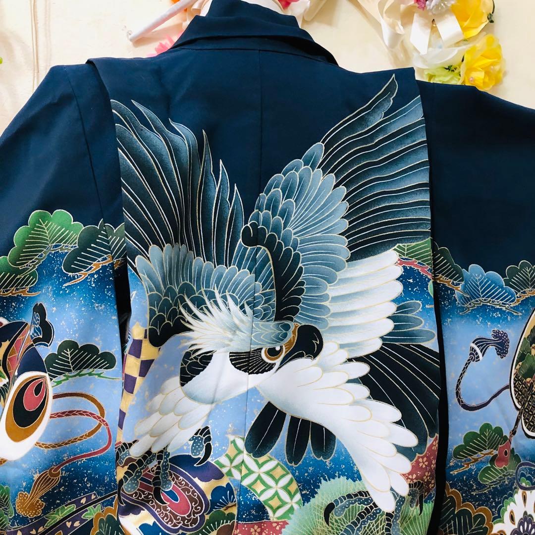 七五三五歳フルセット‼️人気黒地系⭐︎鷹凛々しい金彩煌びやか⭐︎袴縞スタイルアップ銘品