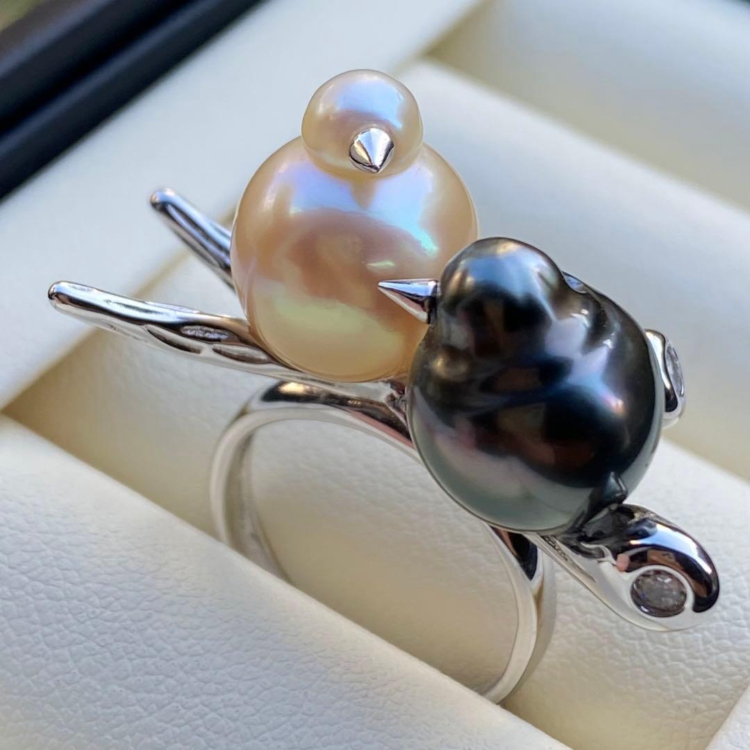 本真珠　南洋黒蝶真珠&白蝶真珠ダブルリング「鳥と枝」グリーンゴールドL1268