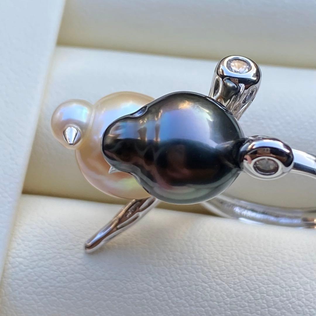 本真珠　南洋黒蝶真珠&白蝶真珠ダブルリング「鳥と枝」グリーンゴールドL1268