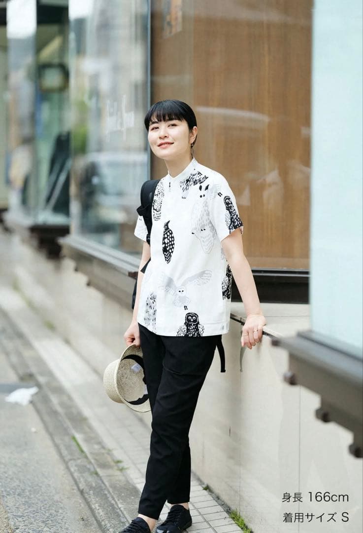 n*o様 SOUSOU スタンドカラー 半袖シャツ ふくろう サイズ:M