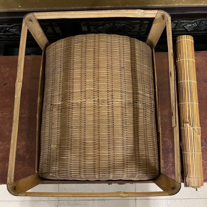 値下げしました！竹籠台付　まきす　ザル　古民具　古道具　昭和レトロ