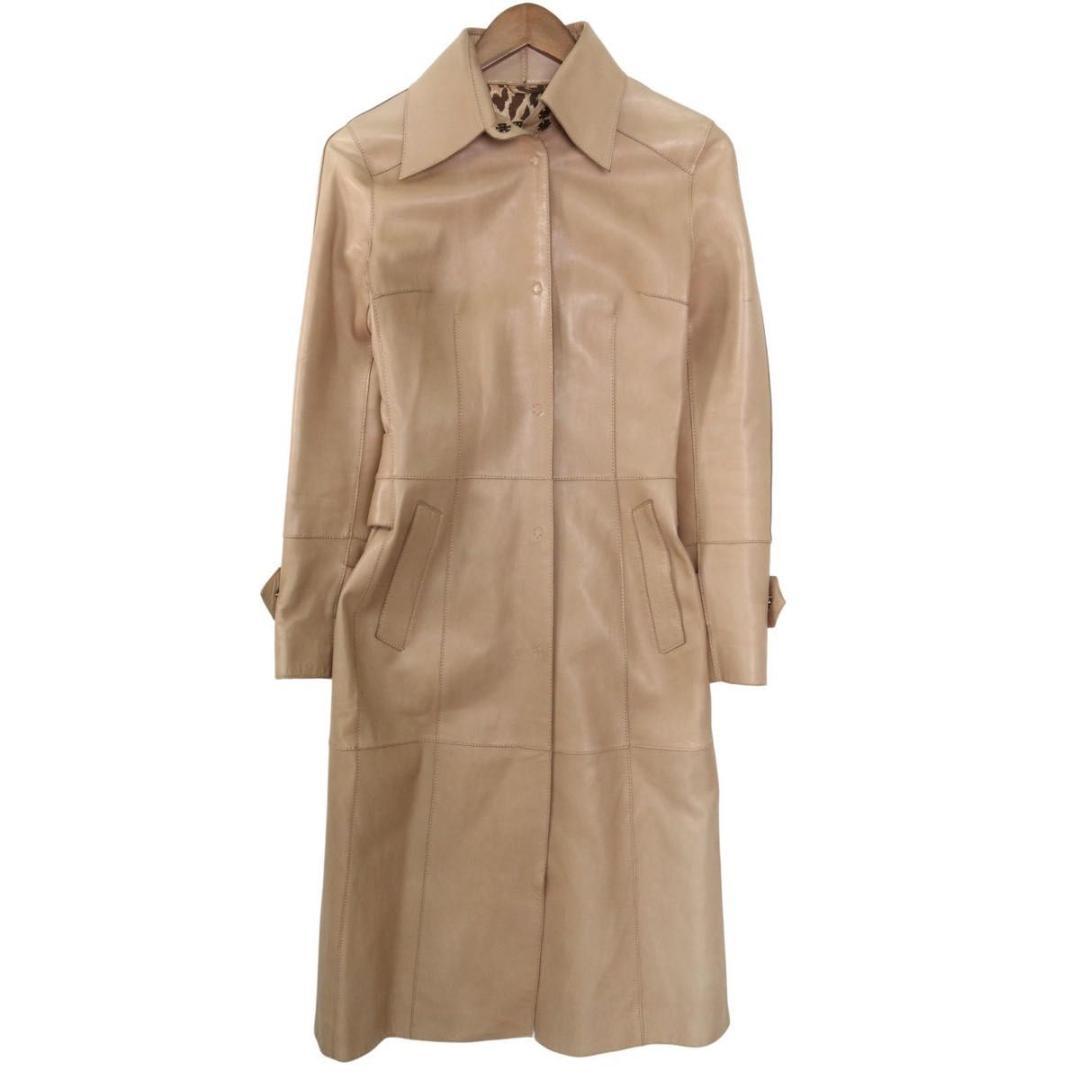 【高級】D&G レザーコート　カーフレザー　ロング丈　レオパード　38　ベージュ