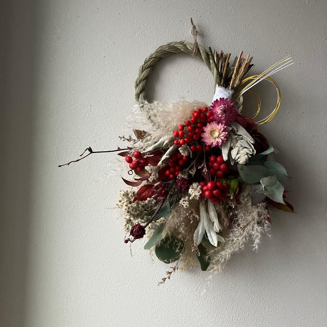 サンキライと貝細工のしめ縄飾り　スワッグになる2way ラムズイヤー