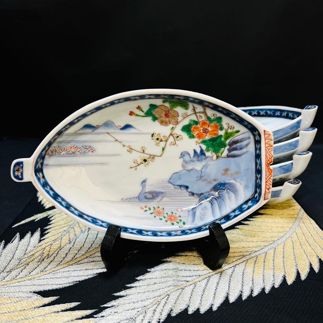 希少品　有田焼　古伊万里　染錦手　献上手川に鴛鴦花絵皿　宝舟型皿　5枚　明治江戸
