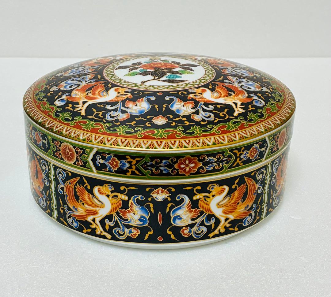 高級美術 有田焼 華山窯 明治香蘭社意匠 ブラックホーソン 金襴手鳳凰蓋物 菓器