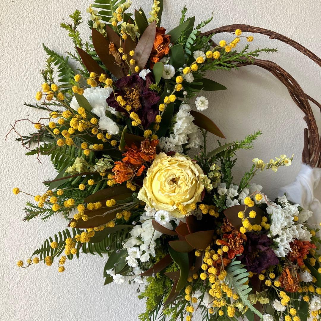 感謝価格！ミモザとバラの春まちハーフリース　ミランドールミモザ　カリステモン