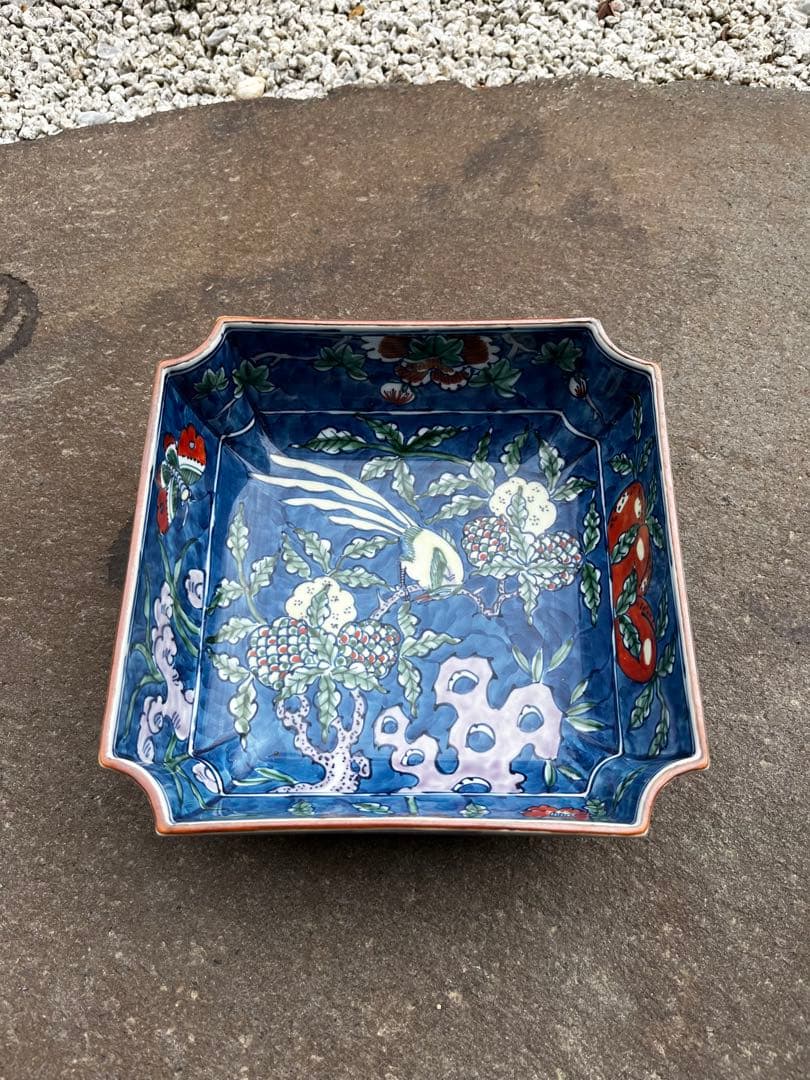 有田　源右衛門　古伊万里　舘林源右衛門作　染錦古代花鳥文　角菓子鉢　アンティーク