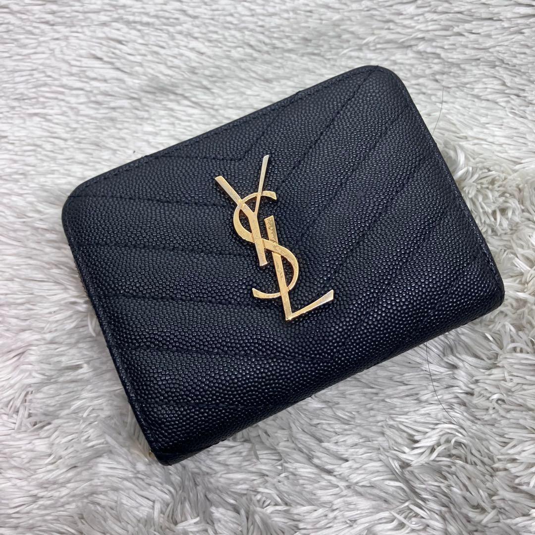 美品✨ サンローラン 二つ折り財布 カサンドラ キャビアスキンYSL Vステッチ