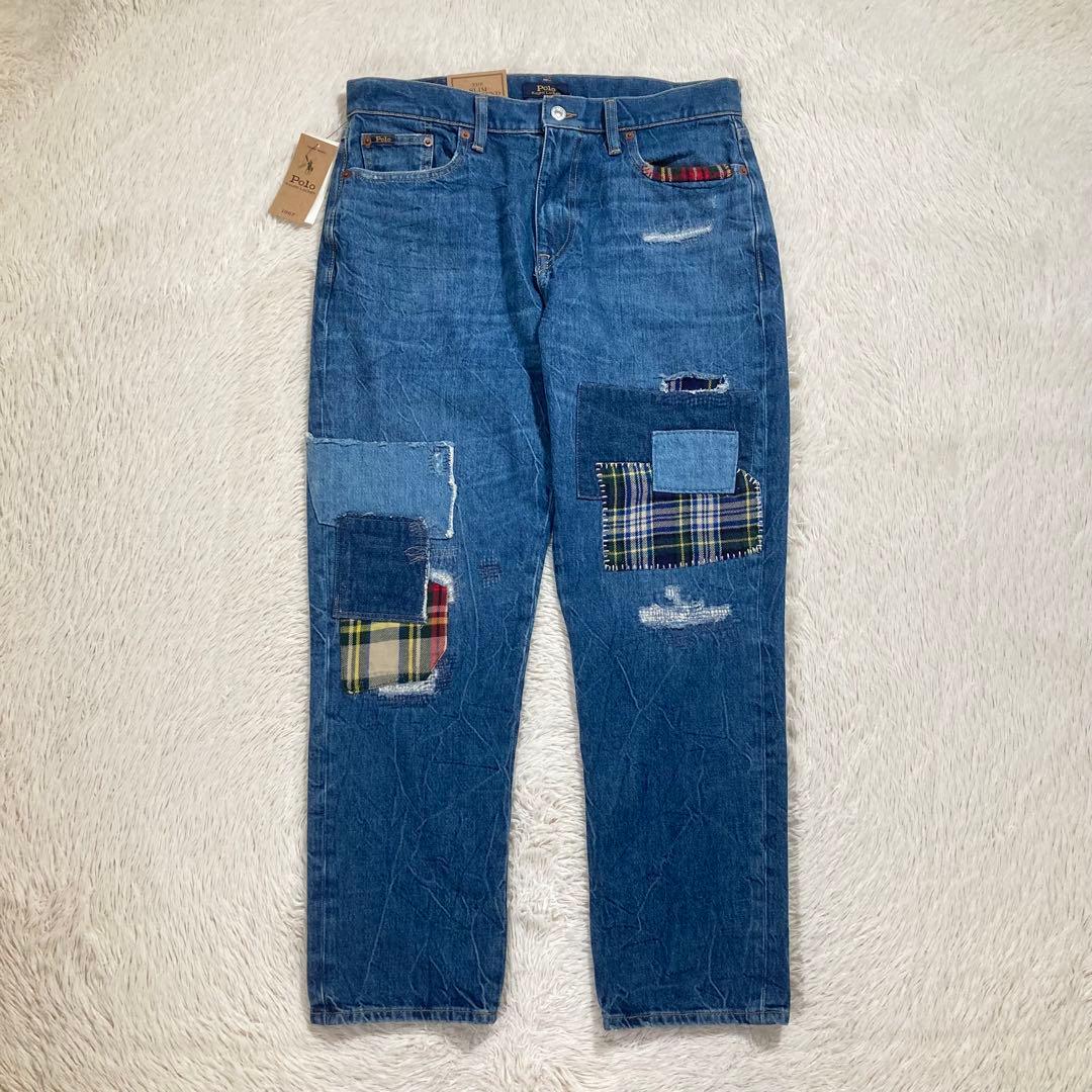 未使用品 ポロラルフローレン パッチワークデニム スリム テーパード ジーンズ