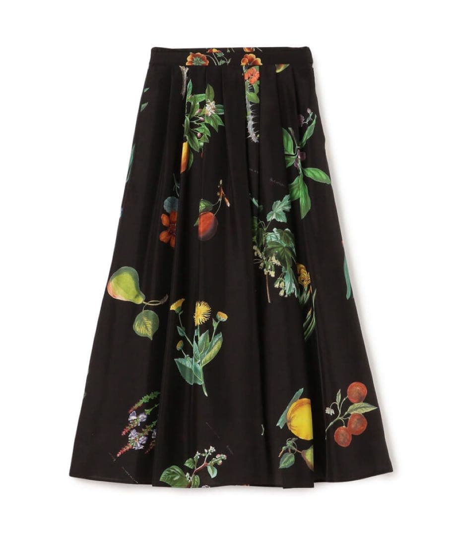 CABaN シルク Green Showerプリント フレアスカート ブラック