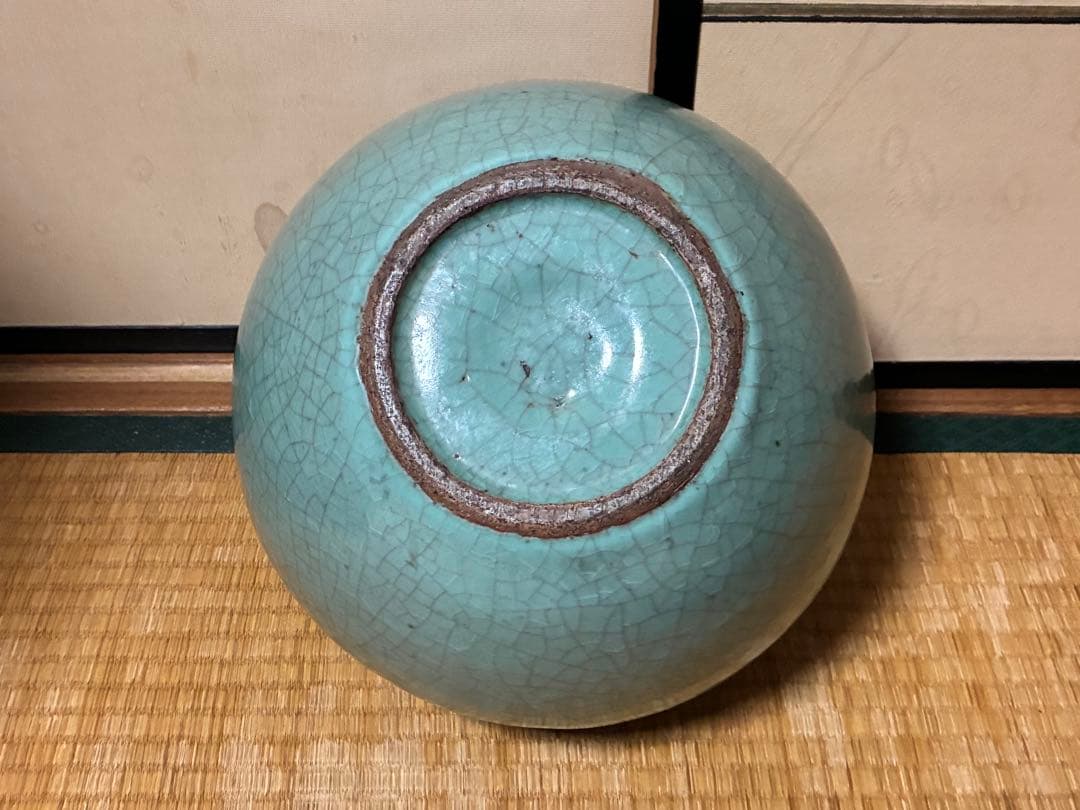 中国 龍泉窯 ひび割れ釉薬 獣耳付 丸壺 唐物