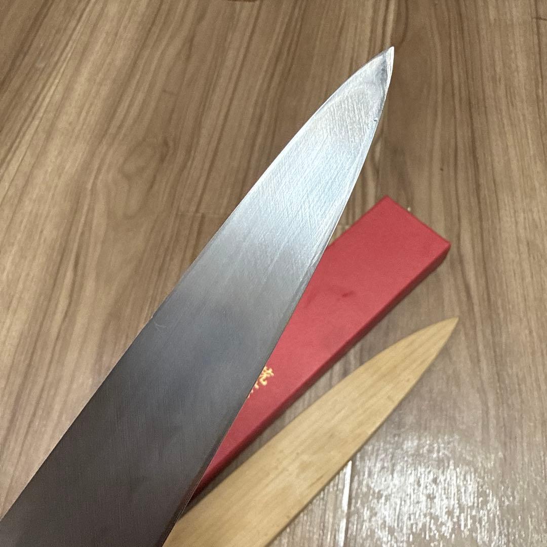 菊一包永作　柳刃包丁　青鋼水本焼　尺　鞘箱付き　波紋綺麗