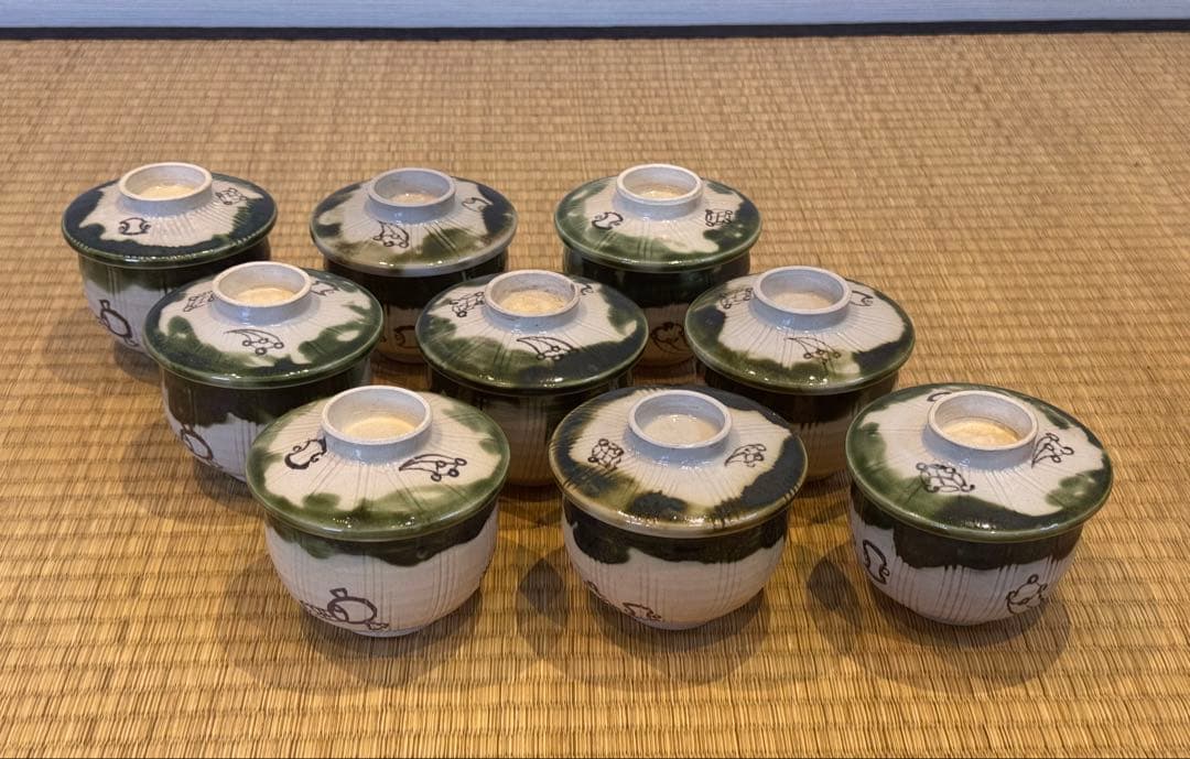 香土園　織部　宝尽くし蓋付蒸茶碗　9客　箱付 / 加藤春鼎