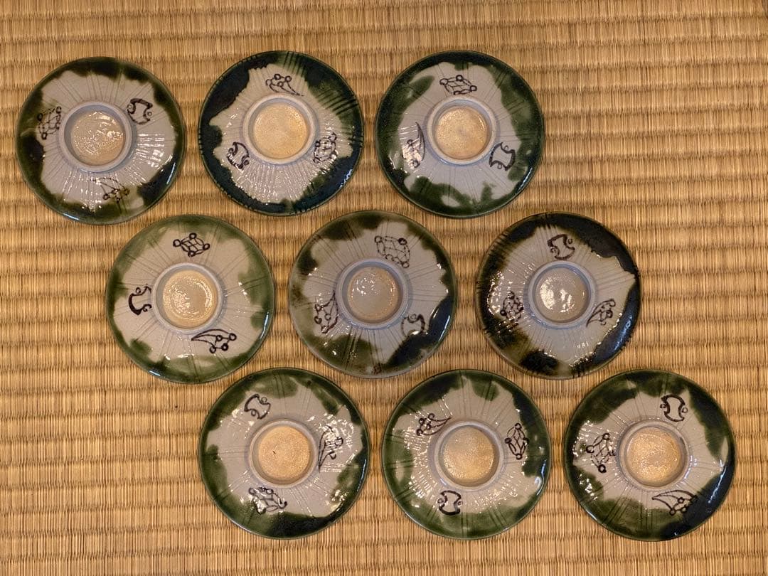 香土園　織部　宝尽くし蓋付蒸茶碗　9客　箱付 / 加藤春鼎