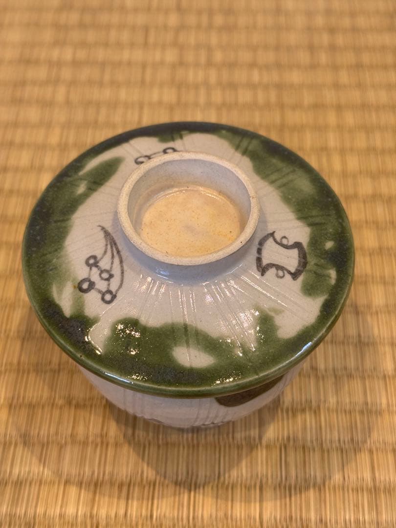 香土園　織部　宝尽くし蓋付蒸茶碗　9客　箱付 / 加藤春鼎