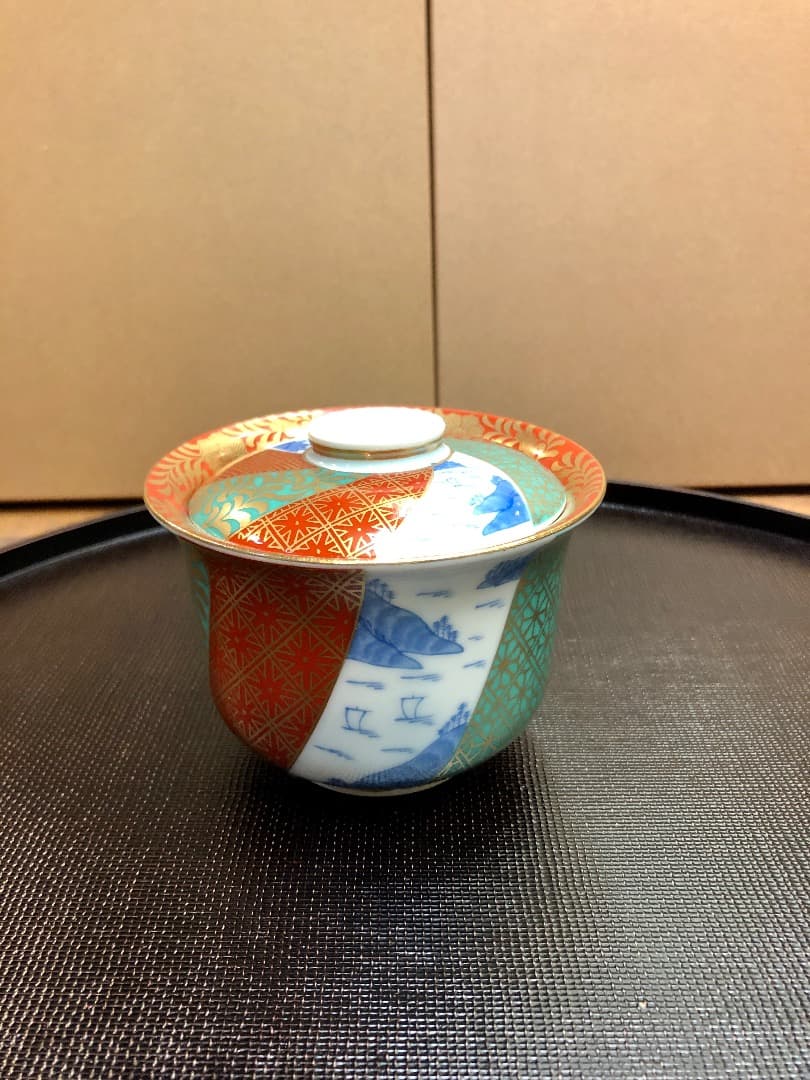 金蘭地紋山水小蓋物　5個セット　有田焼　蓋付小鉢