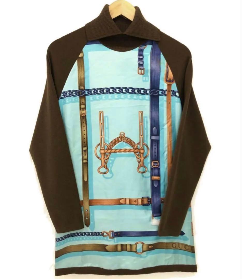 182GUCCIグッチ長袖ウールセーターシルク混ブラウス