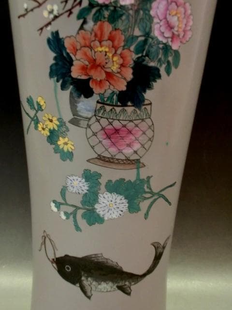 壺■四季有餘 乙卯仲春玉郷 長壷「中華陶瓷」牡丹 魚紋 花尽くし 古玩 骨董■