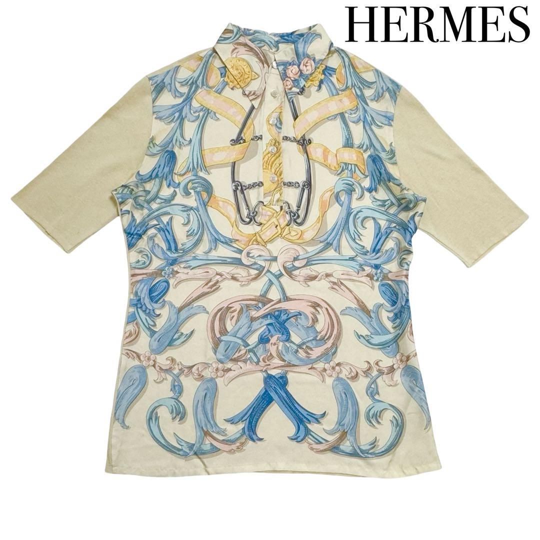 HERMES エルメス シルク×コットン 総柄 半袖ポロシャツ S レディース