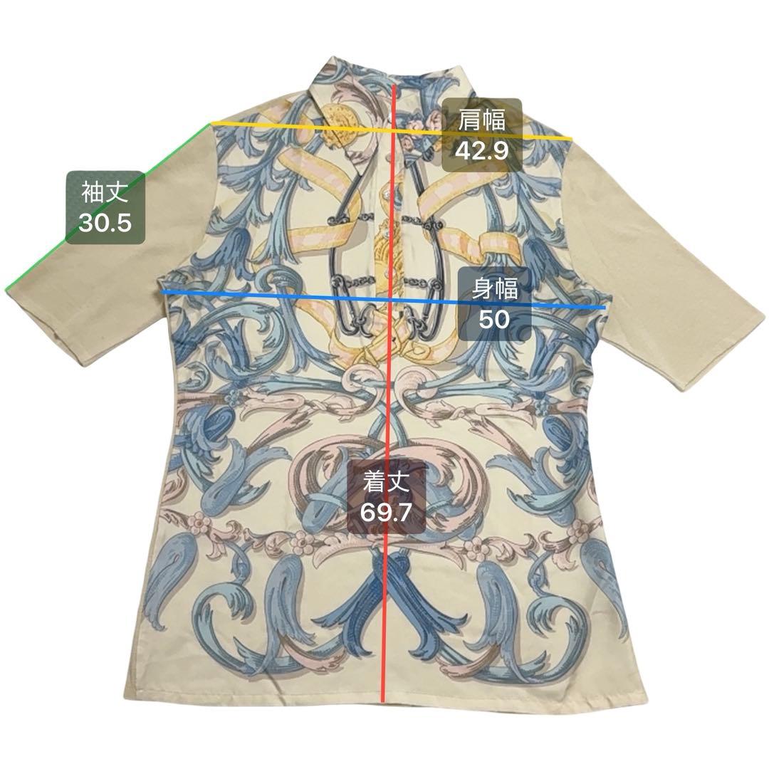 HERMES エルメス シルク×コットン 総柄 半袖ポロシャツ S レディース