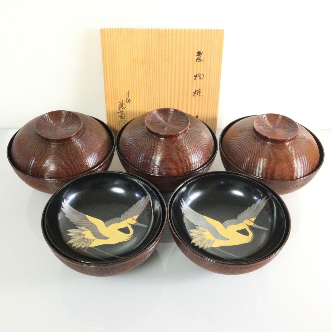 鶴蒔絵煮物椀 五客揃 塗師 岡本陽斎 糸目千筋 天然木 供箱 T881