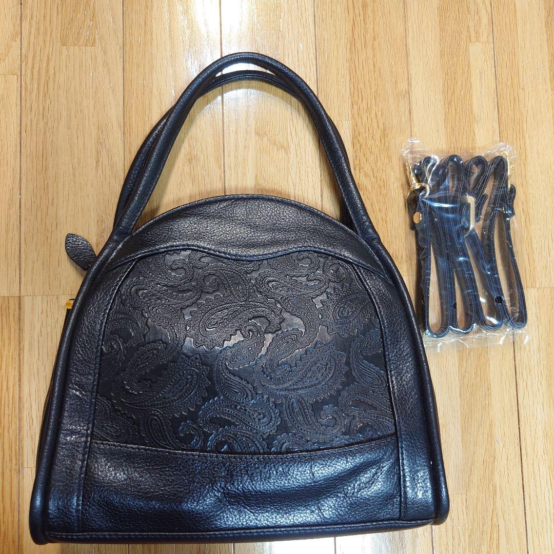 本革 黒 レザーハンドバッグ ショルダー付 ペイズリー柄
