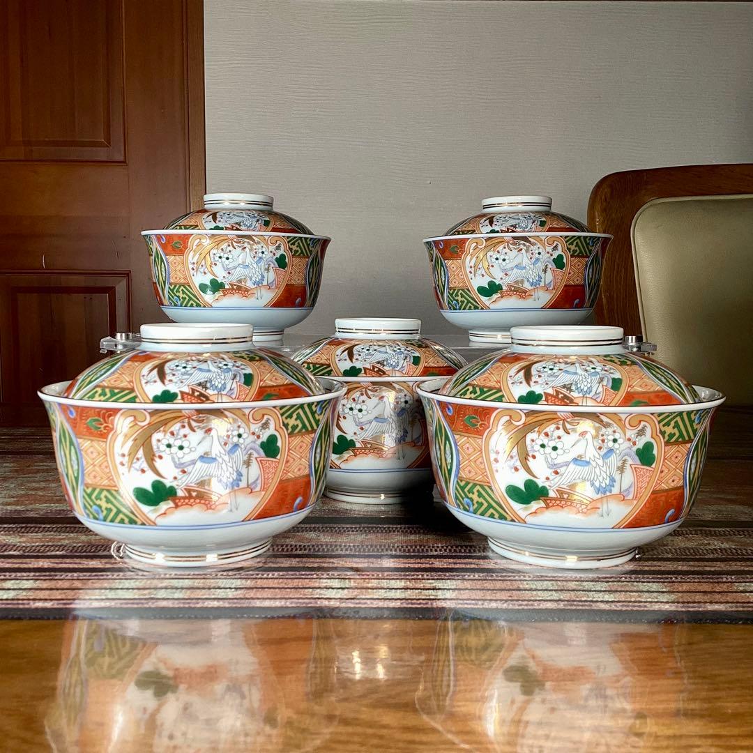 『フォロうー特価』　美濃焼　庫山窯　蓋付　どんぶり　5客　鶴金彩