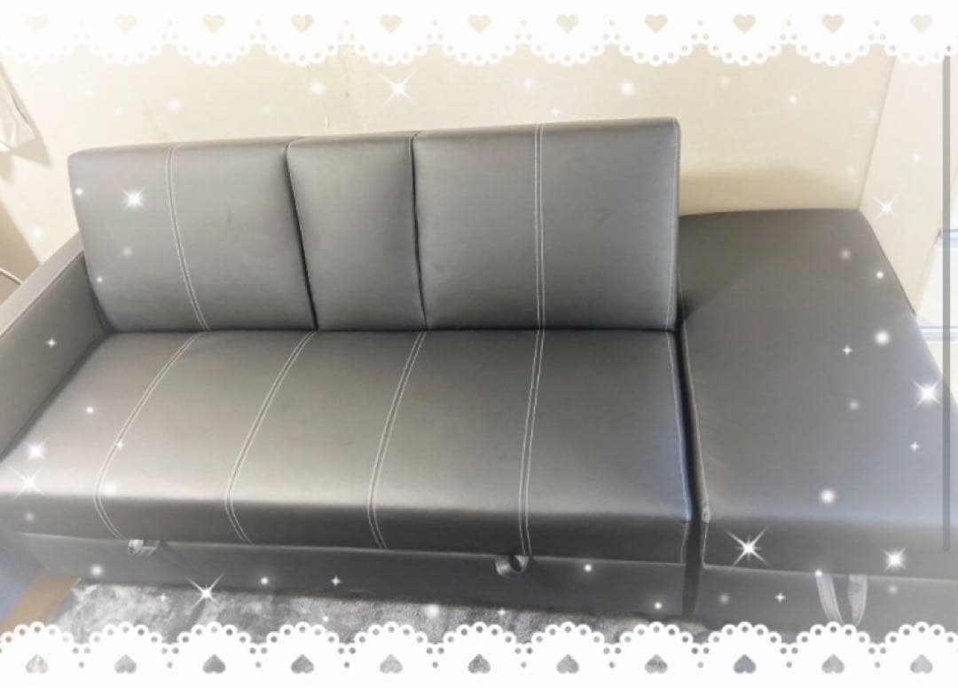 ソファ　ソファー　3人掛け　レザー調　ブラック　ソファセット　収納付き