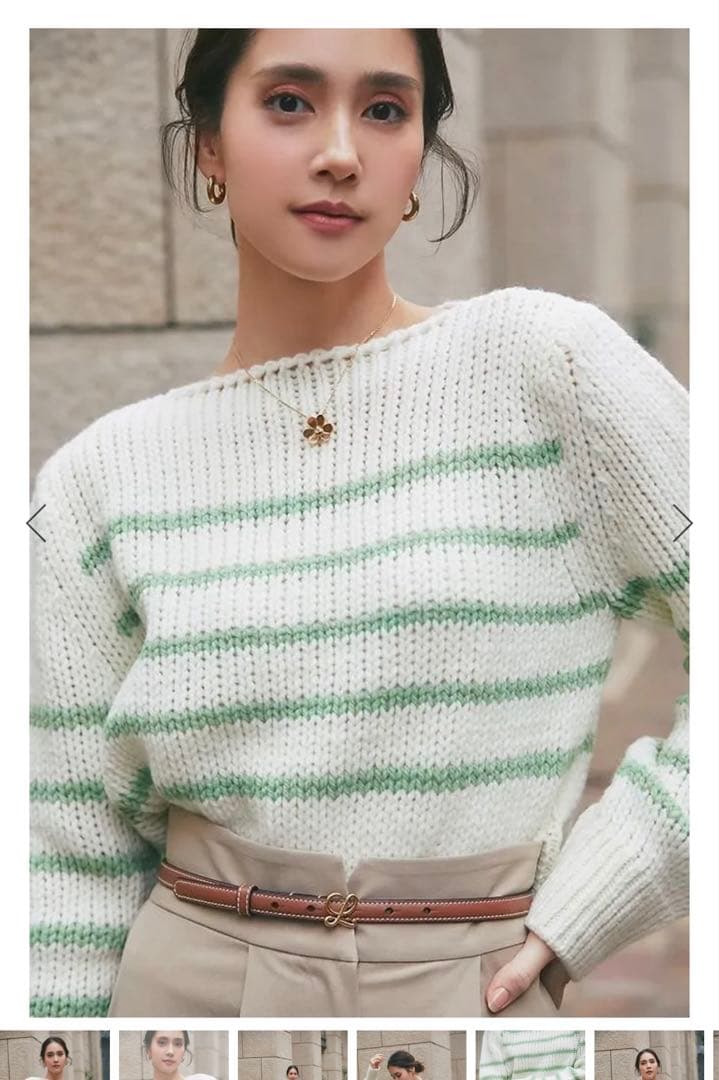 【美品】SEVEN TENローゲージコンパクトニットオフホワイト×グリーンS