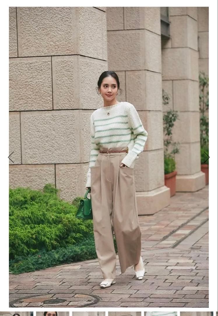 【美品】SEVEN TENローゲージコンパクトニットオフホワイト×グリーンS