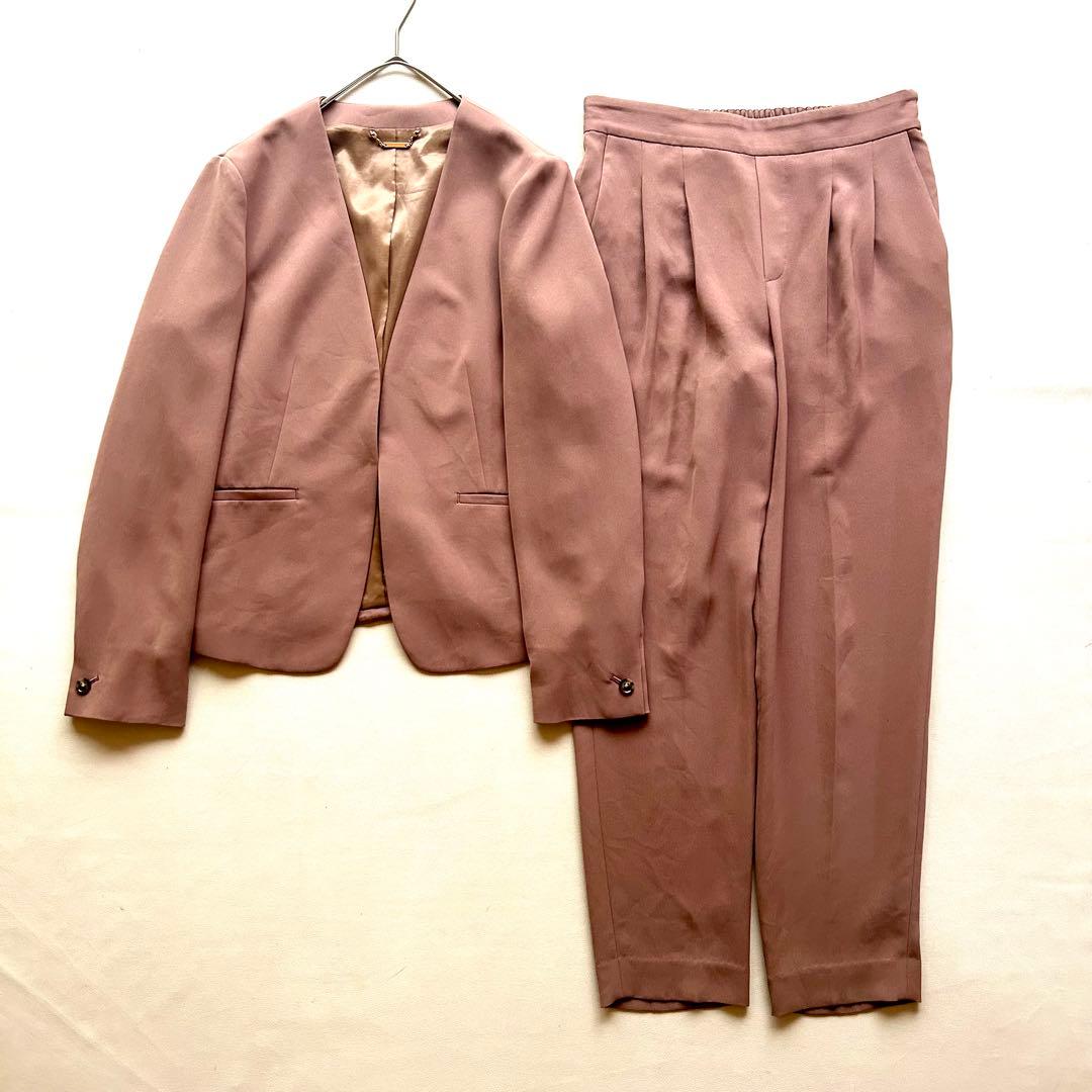 217GLR22AW手洗防皺さらっとノーカラージャケットパンツスーツ40ピンク