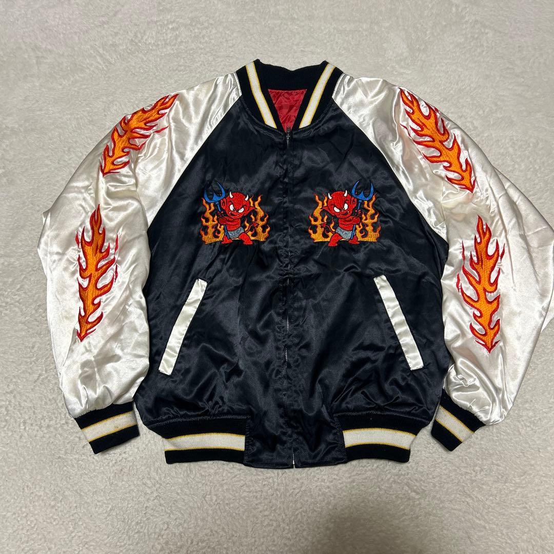 90s GREAT RED HOT デビル スカジャン 炎 刺繍 ヴィンテージ