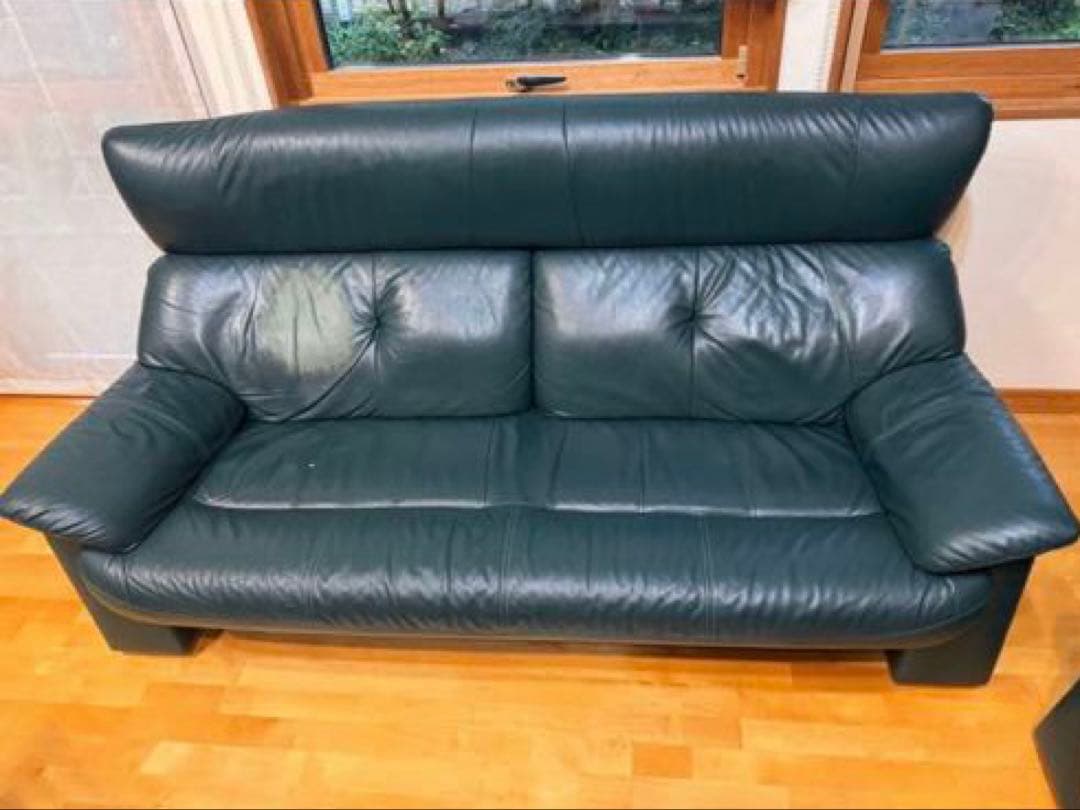 ダークグリーン レザー 2-3人掛けソファ