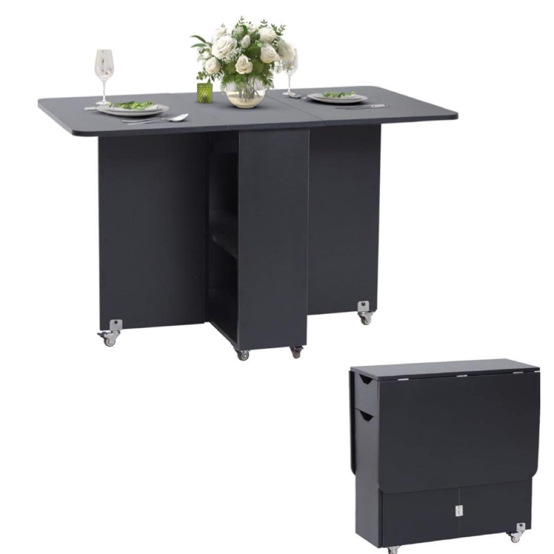 ダイニングテーブル 折りたたみ式 ドロップリーフダイニングテーブル 収納付き 黒