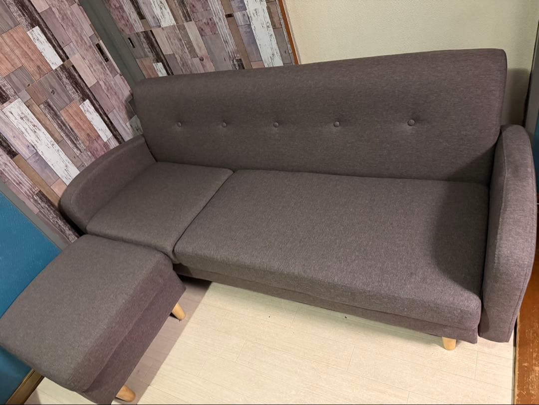 手渡し限定　ソファ　3人掛けソファ　オットマン付き　ブラウン