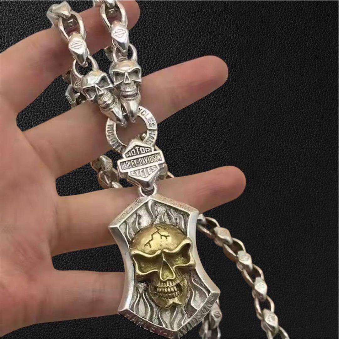 ヴィンテージ メンズレトロ S925刻印 金銀のネックレス シルバースカル　骸骨