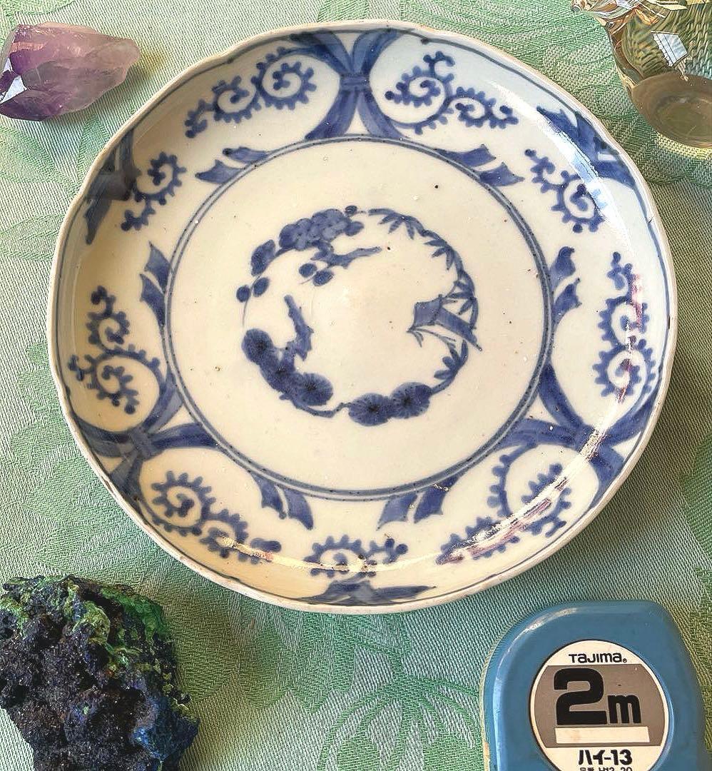 江戸中期　古伊万里　熨斗　松竹梅　吉祥紋様　染付　輪花型　中皿　6寸皿