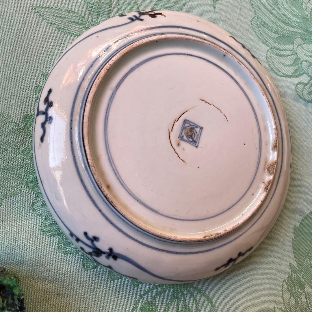 江戸中期　古伊万里　熨斗　松竹梅　吉祥紋様　染付　輪花型　中皿　6寸皿