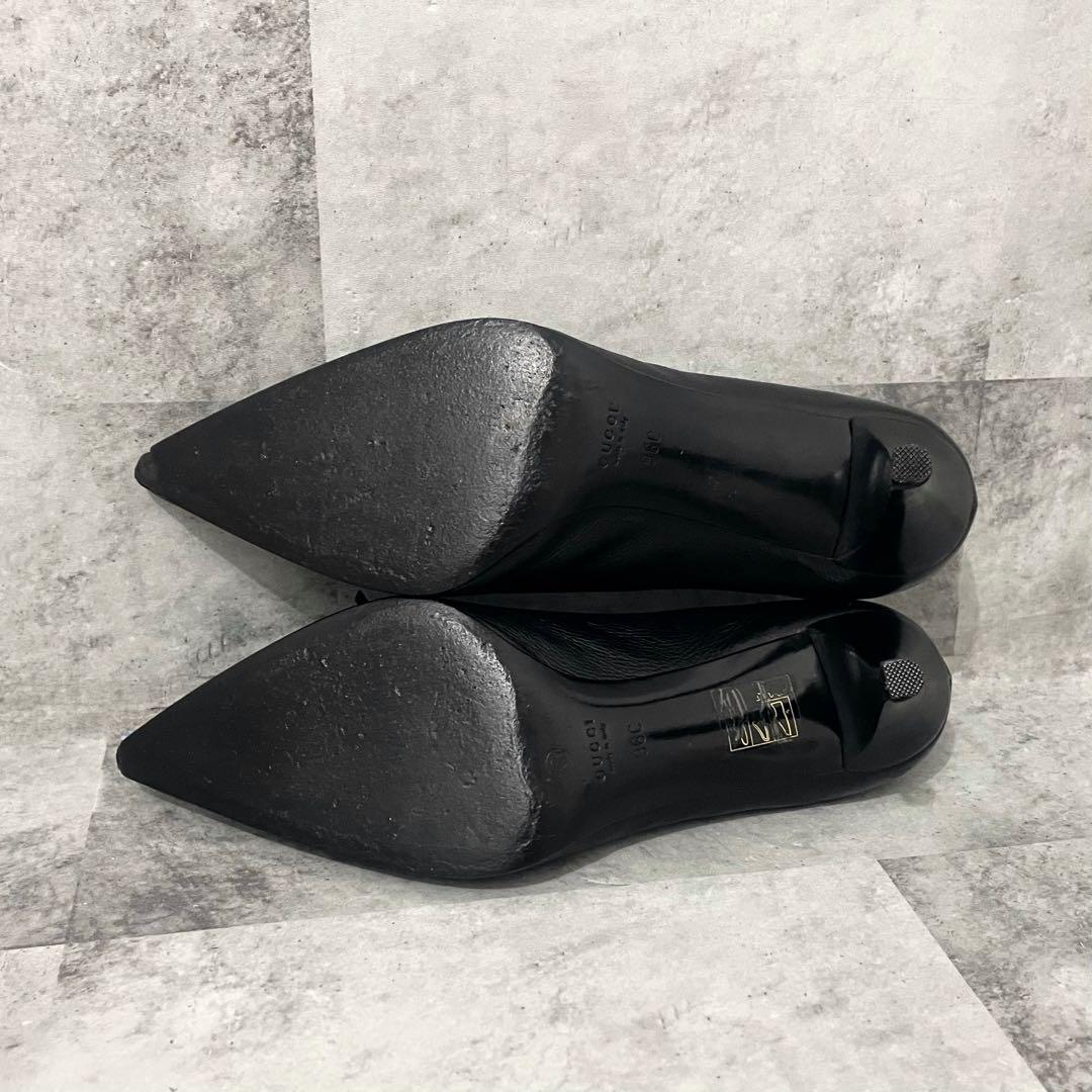 GUCCI グッチ リボン ヒール パンプス レザー シボ バレエコア 36 黒